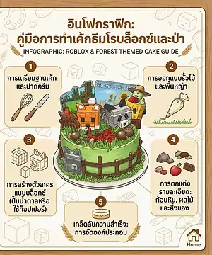 เค้กธีมเกมบล็อกซ์สำหรับงานวันเกิดเด็ก ตกแต่งด้วยตัวละครและองค์ประกอบจาก Roblox.
