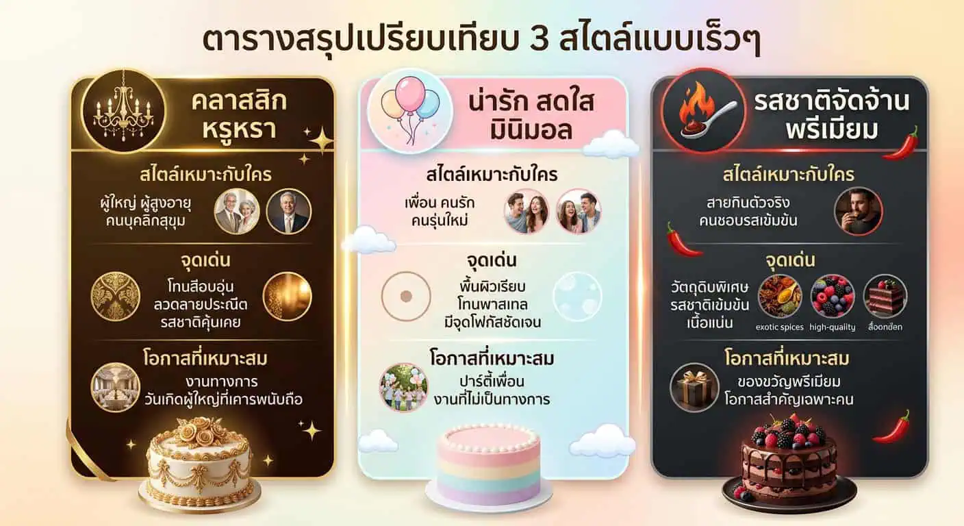 ภาพเปรียบเทียบเค้ก 3 สไตล์: คลาสสิค, น่ารัก, รสชาติจัดจ้าน พร้อมคำอธิบายสั้น ๆ สำหรับแต่ละแบบ.