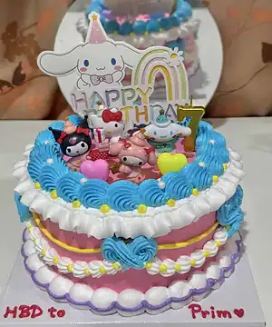 เค้กวันเกิดคิตตี้สีฟ้าสดใส พร้อมตัวการ์ตูนคิตตี้และของตกแต่งน่ารักบนเค้ก.