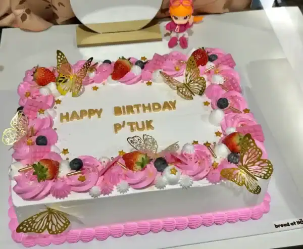 เค้กวันเกิดสีชมพูสดใส ตกแต่งด้วยครีมและผลไม้สด เช่น สตรอเบอร์รี่และบลูเบอร์รี่ พร้อมดีไซน์ผีเสื้อทองคำและดอกไม้เล็กๆ ให้ความรู้สึกน่ารักและอร่อย.