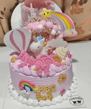 เทียนวันเกิดเจ้าหญิงยูนิคอร์นและเค้กหวานในธีมสีชมพูพร้อมของตกแต่งน่ารัก เหมาะสำหรับงานเลี้ยงวันเกิดเด็กหญิงและการฉลองพิเศษในธีมเจ้าหญิงยูนิคอร์นและสายรุ้ง.