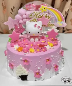 หวานเค้กวันเกิด Hello Kitty สีชมพูตกแต่งด้วยดอกไม้และลูกกวาดสำหรับโอกาสพิเศษ.